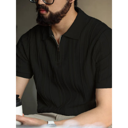 American Style Zipper Polo Shirt Mens Summer Knit Top