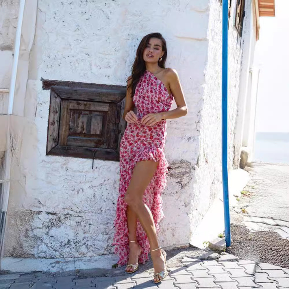 An irregular dress with a slanted collar and ruffles