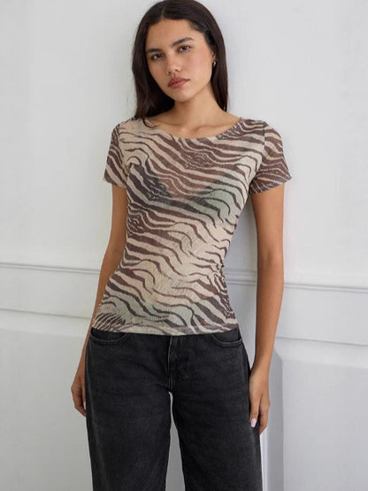Animal Print Mesh See-Through T-Shirt
