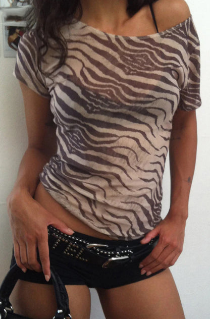 Animal Print Mesh See-Through T-Shirt