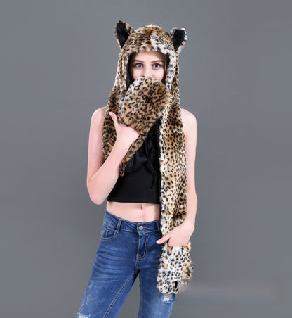 Animal-Themed Faux Fur Winter Hat Scarf Gloves Set