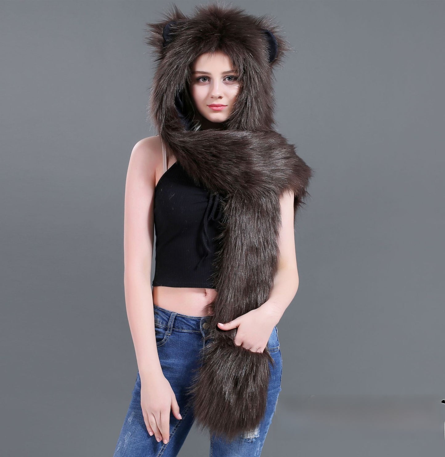 Animal-Themed Faux Fur Winter Hat Scarf Gloves Set