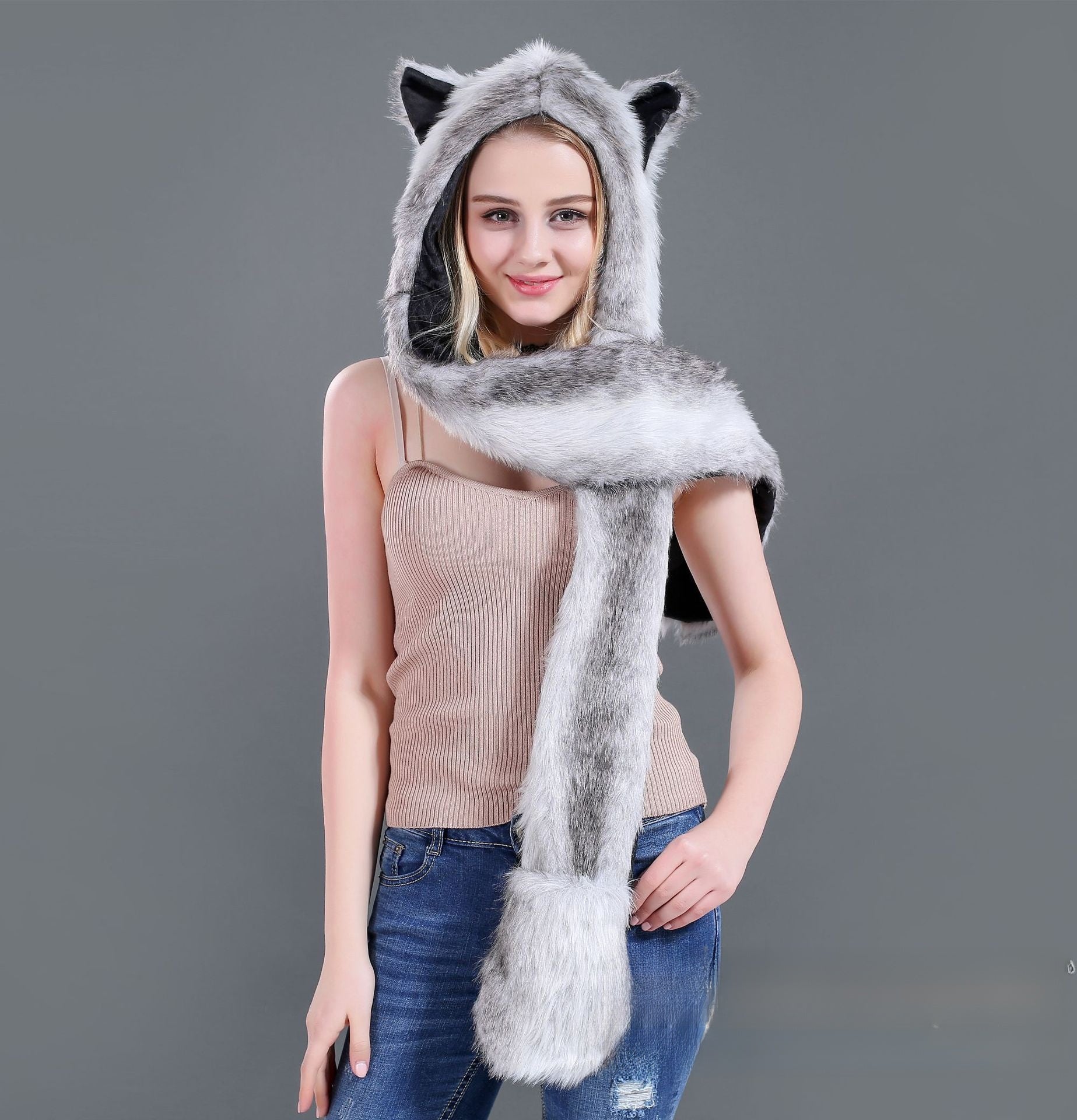 Animal-Themed Faux Fur Winter Hat Scarf Gloves Set