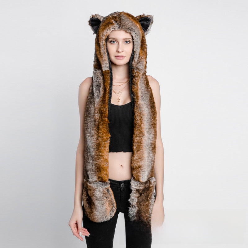 Animal-Themed Faux Fur Winter Hat Scarf Gloves Set