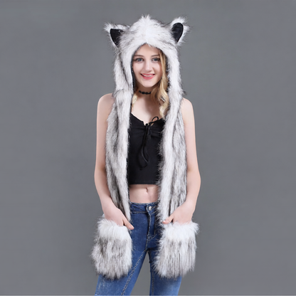 Animal-Themed Faux Fur Winter Hat Scarf Gloves Set