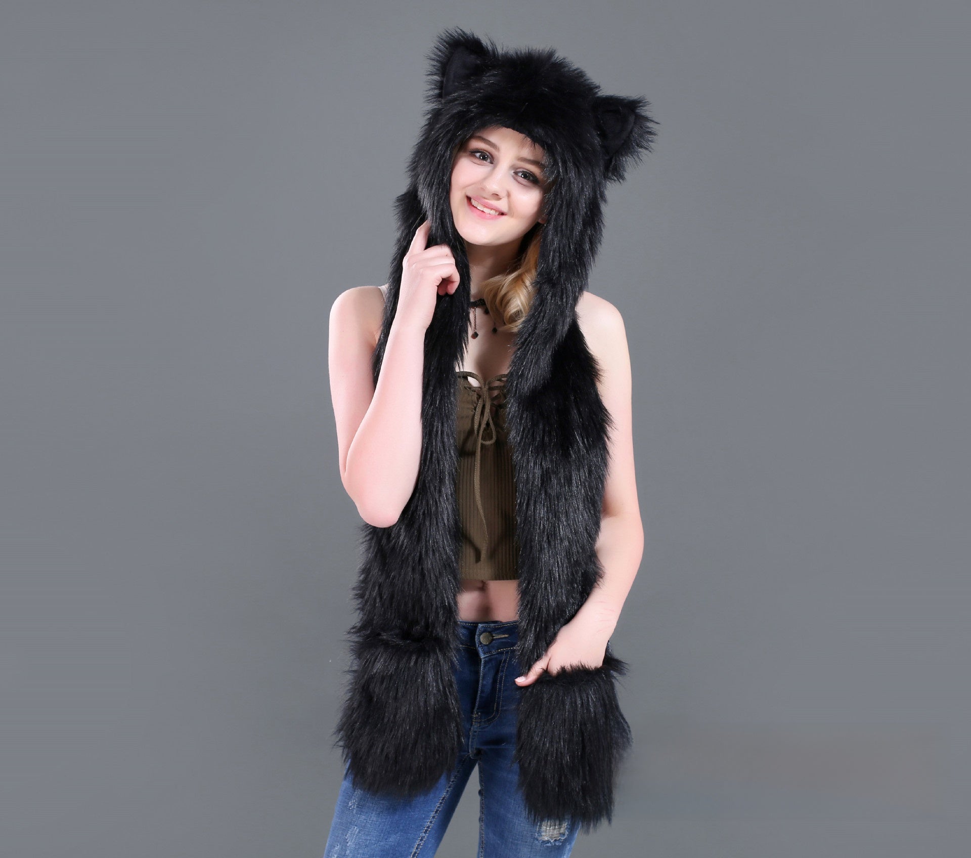 Animal-Themed Faux Fur Winter Hat Scarf Gloves Set