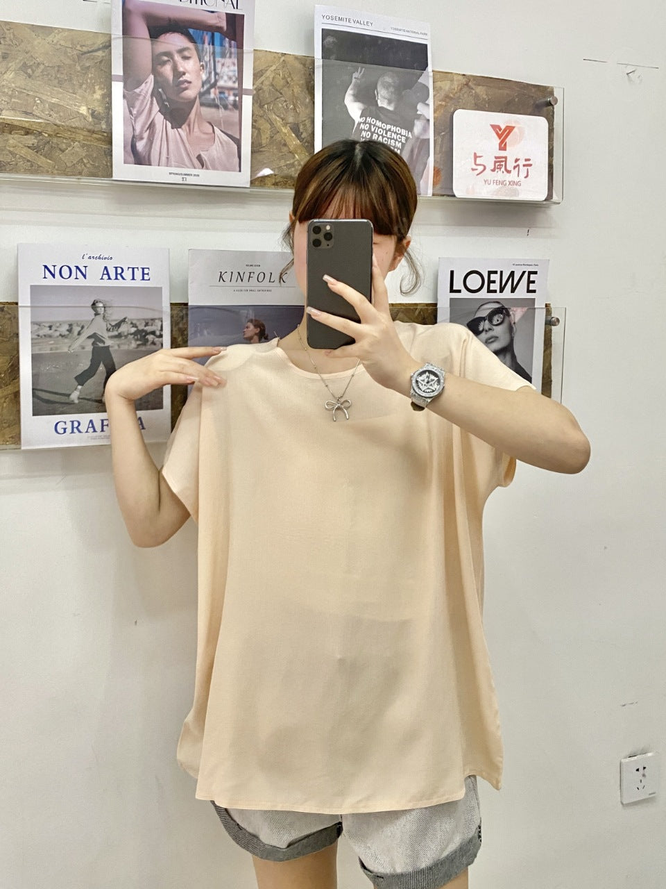 Artificial cotton short-sleeved blouse