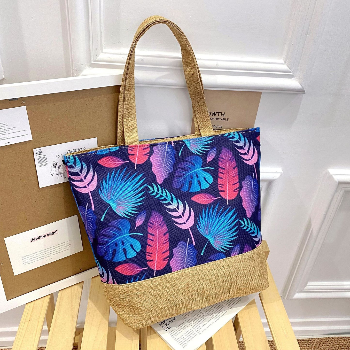 Artistic Cotton Linen Tote Bag with Zipper Closure