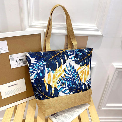 Artistic Cotton Linen Tote Bag with Zipper Closure