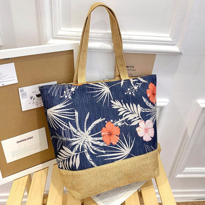 Artistic Cotton Linen Tote Bag with Zipper Closure