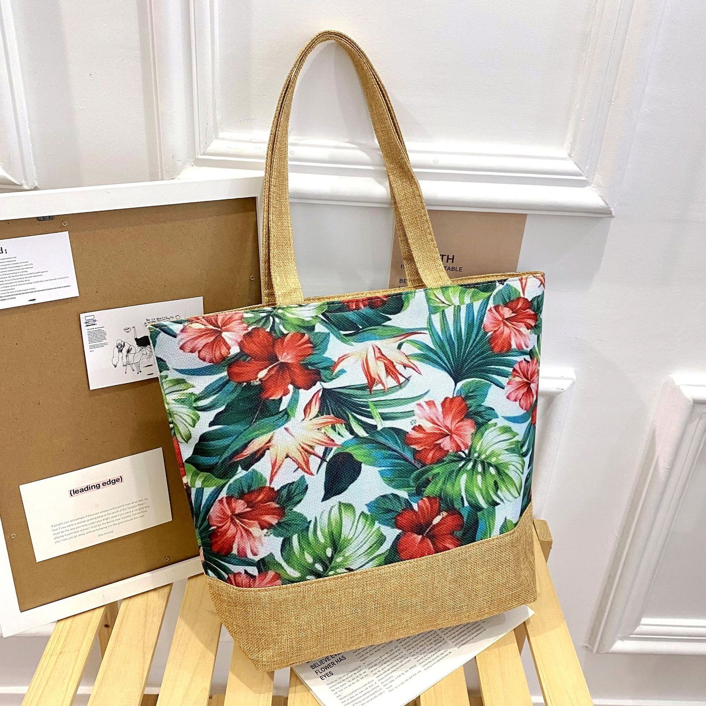 Artistic Cotton Linen Tote Bag with Zipper Closure