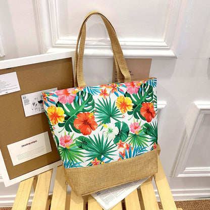 Artistic Cotton Linen Tote Bag with Zipper Closure