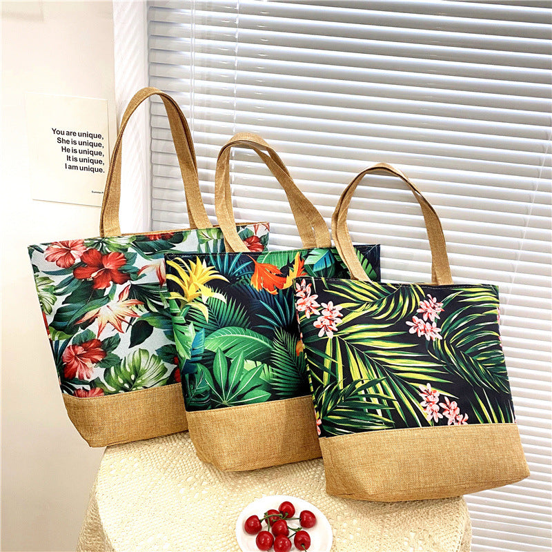 Artistic Cotton Linen Tote Bag with Zipper Closure