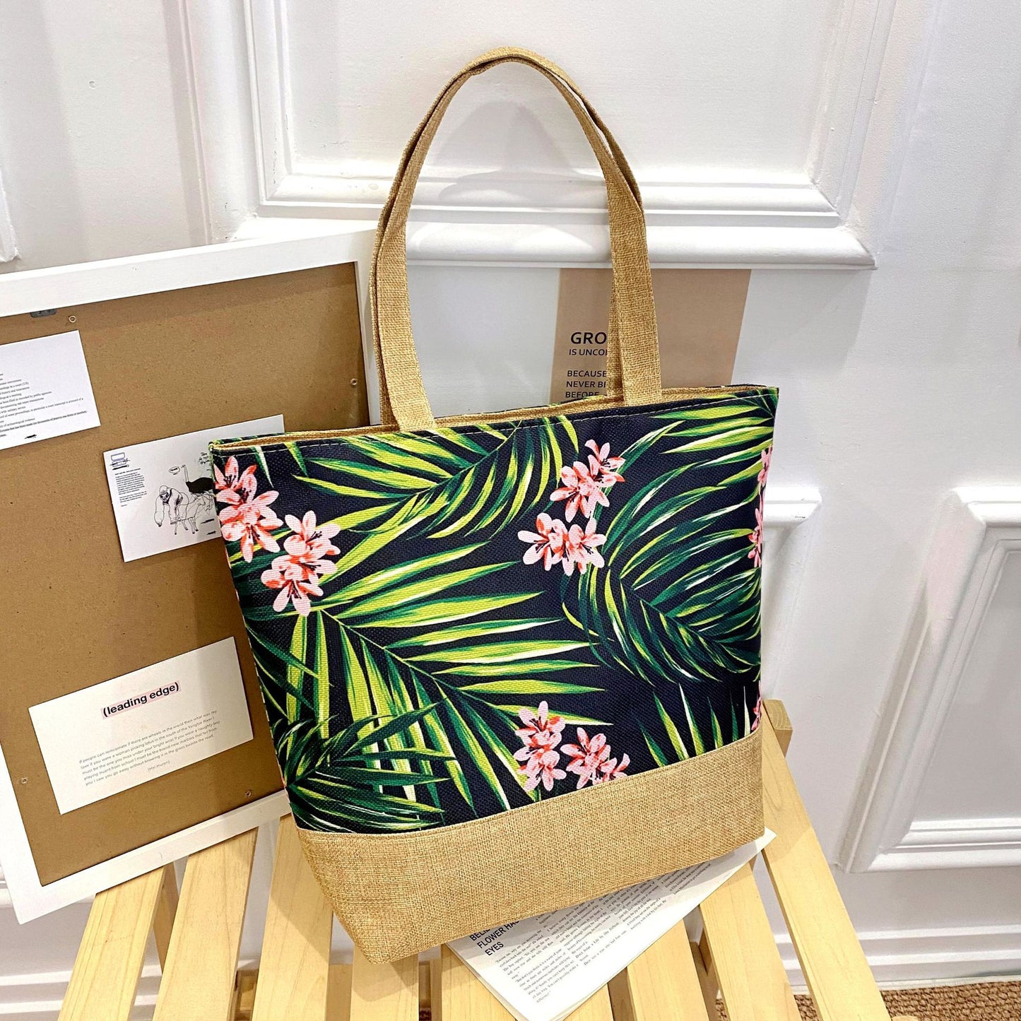 Artistic Cotton Linen Tote Bag with Zipper Closure