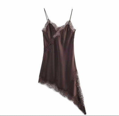 Asymmetric Lace Satin Suspender Dress