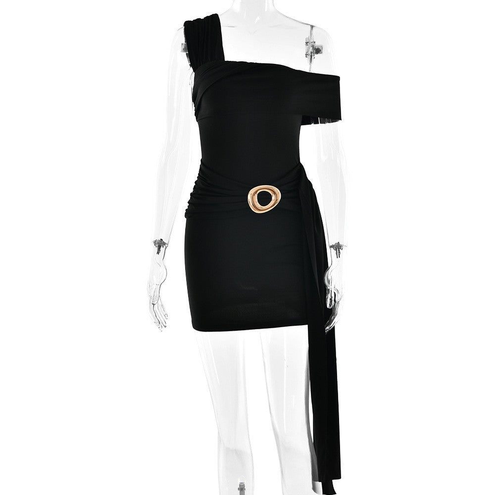 Asymmetric One Shoulder Pleated Ribbon Dress