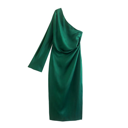 Asymmetric Silk Satin Texture Patchwork Dress