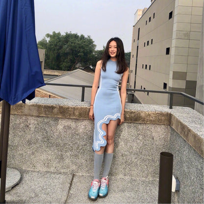 Asymmetric Wavy Hem Knitted Sleeveless Dress