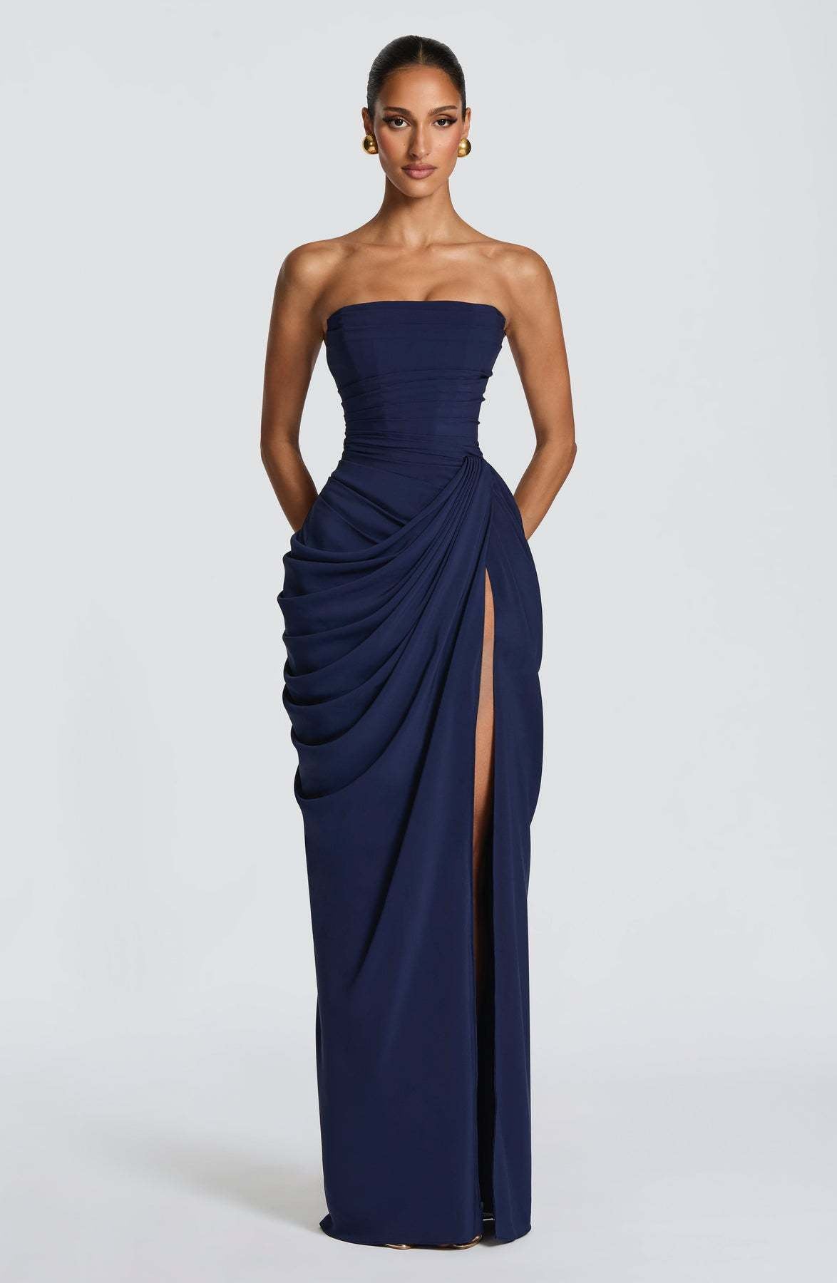Asymmetrical Draped High Slit Bodycon Dress