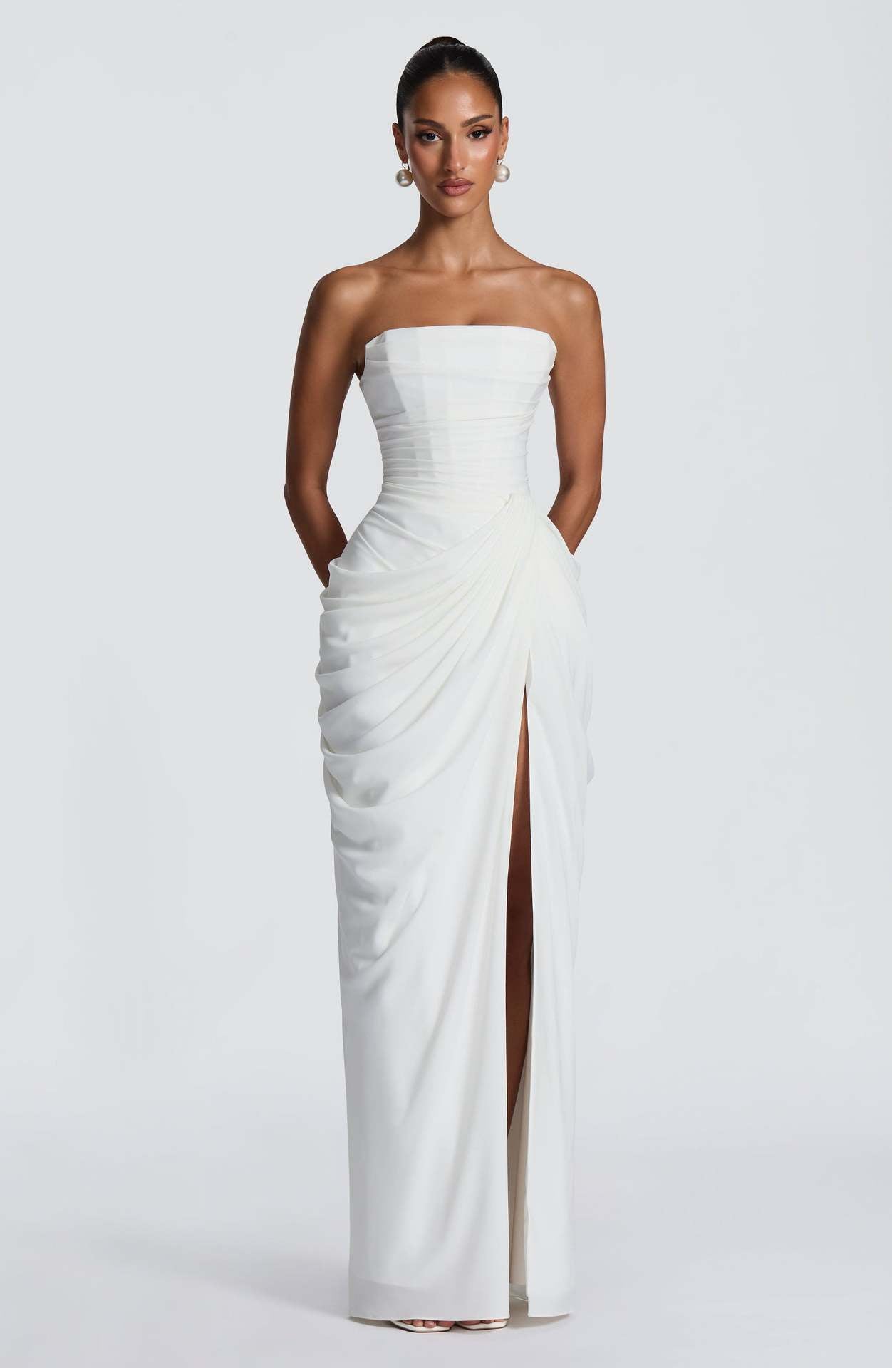 Asymmetrical Draped High Slit Bodycon Dress