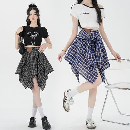 Asymmetrical Plaid A-Line Skirt with Tie Straps