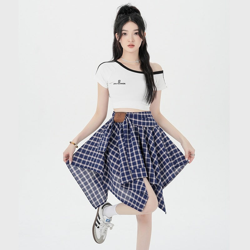 Asymmetrical Plaid A-Line Skirt with Tie Straps