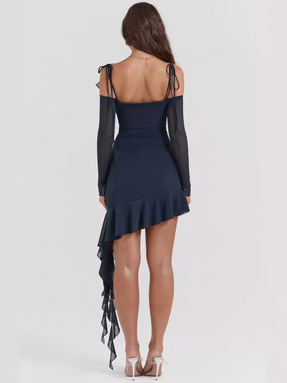 Asymmetrical Ruffled Square Neck Chiffon Dress