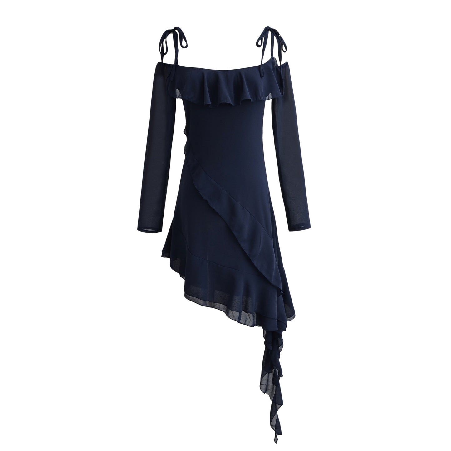 Asymmetrical Ruffled Square Neck Chiffon Dress