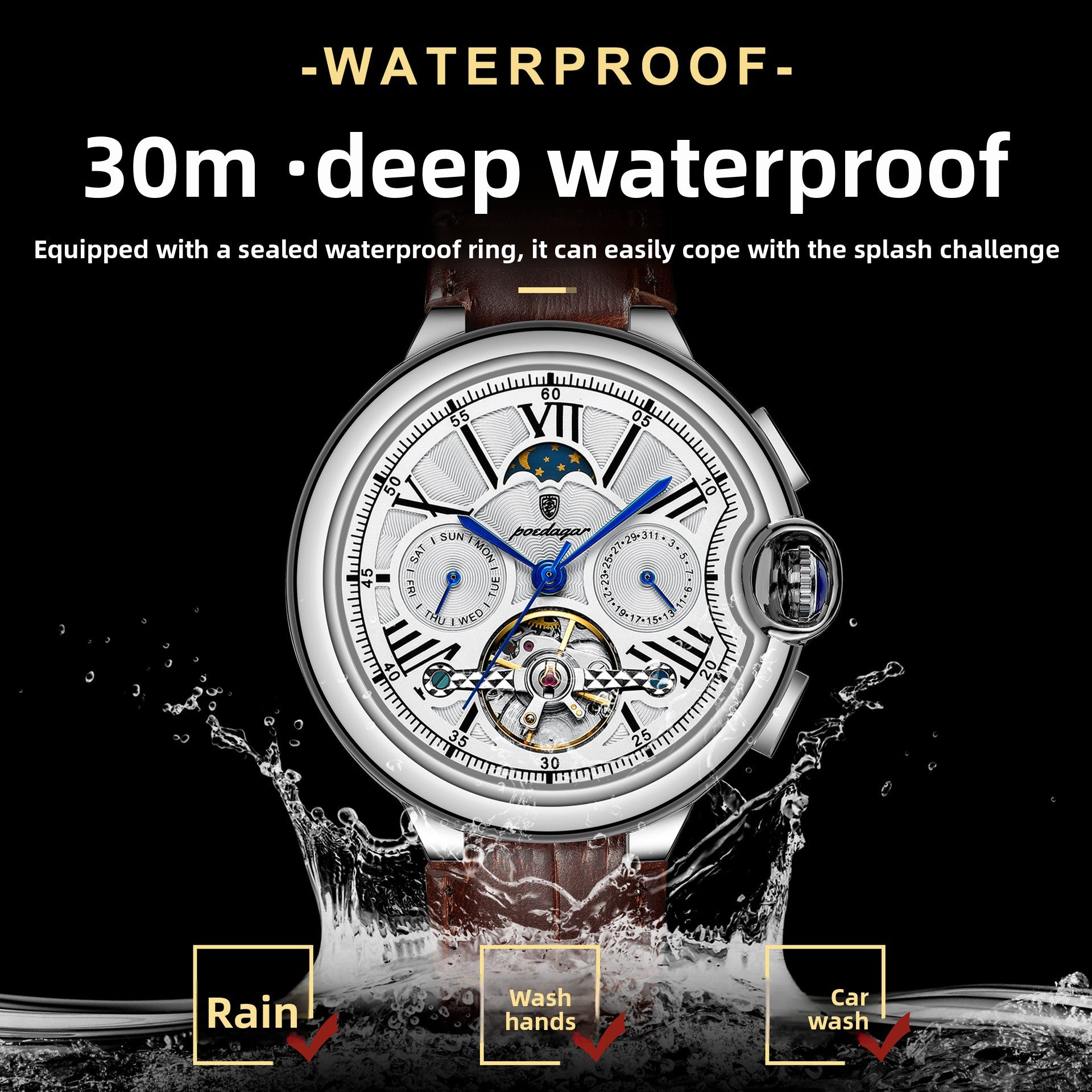 Automatic Mechanical Tourbillon Watch with Moon Phase