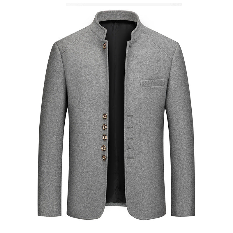 Autumn and winter men's casual slim-fit stand-collar Zhongshan suit wool coat, men's solid color wool overcoat