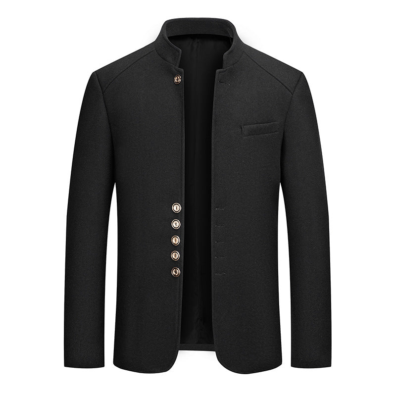 Autumn and winter men's casual slim-fit stand-collar Zhongshan suit wool coat, men's solid color wool overcoat