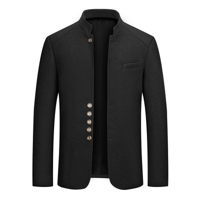 Autumn and winter men's casual slim-fit stand-collar Zhongshan suit wool coat, men's solid color wool overcoat