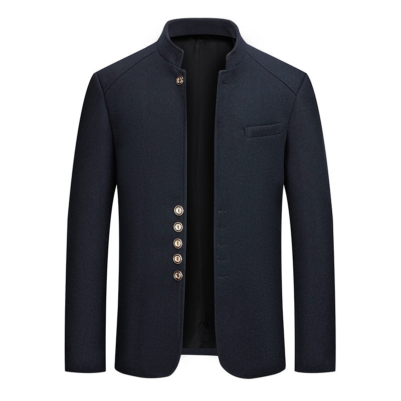Autumn and winter men's casual slim-fit stand-collar Zhongshan suit wool coat, men's solid color wool overcoat