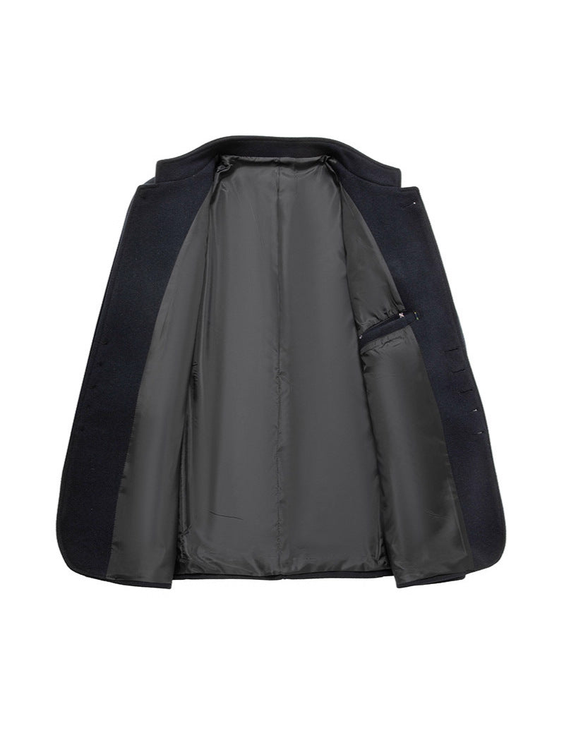 Autumn and winter men's casual slim-fit stand-collar Zhongshan suit wool coat, men's solid color wool overcoat