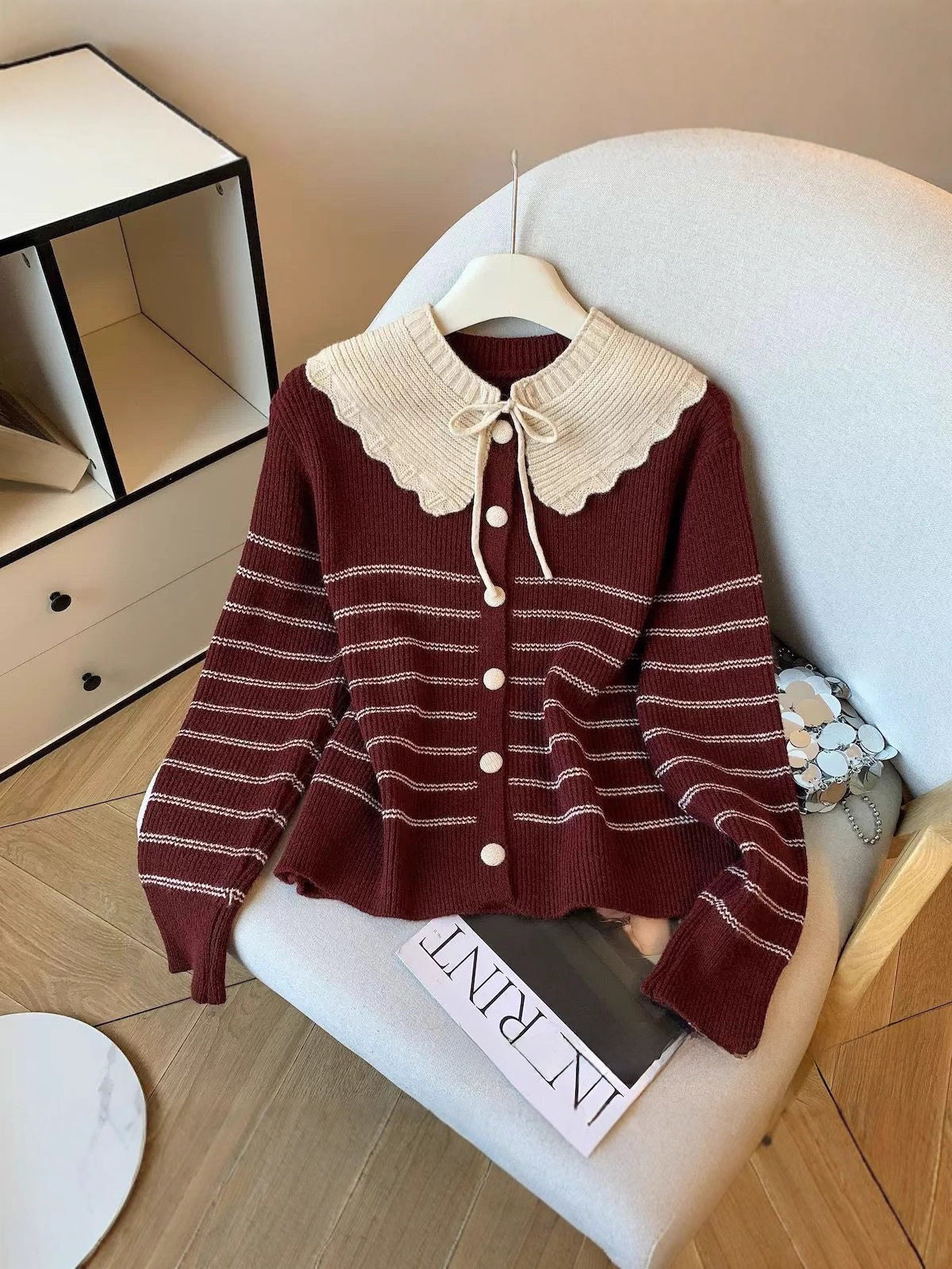 Autumn New Korean Design Doll Collar Shawl Two-Piece Women's Sweater Striped Sweater Jacket