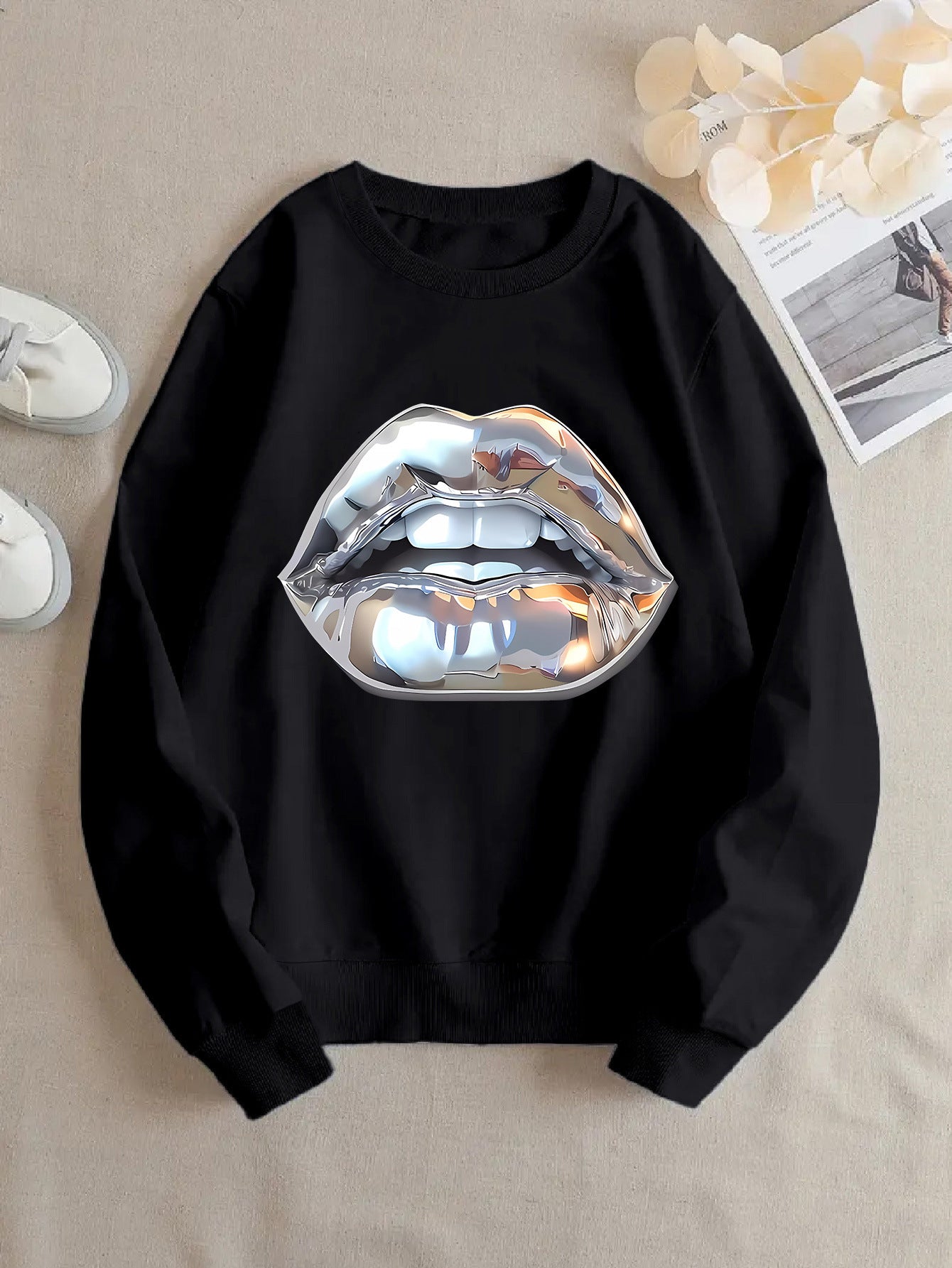 Buy Women’s Cartoon Silver Lip-Printed Sweatshirt for Casual Wear