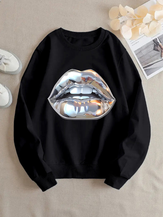 Buy Women’s Cartoon Silver Lip-Printed Sweatshirt for Casual Wear