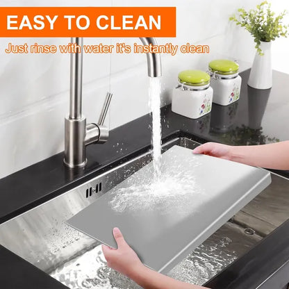 Rinsing the cutting board under a tap