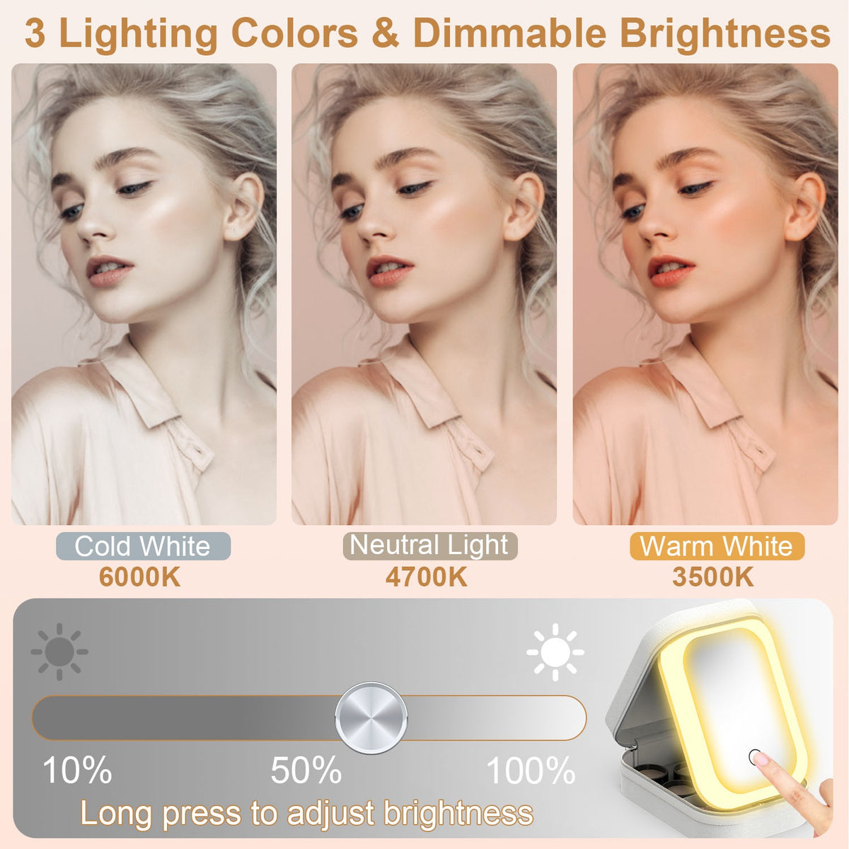 Portable Travel Makeup Bag with LED Mirror, 3 Color Light