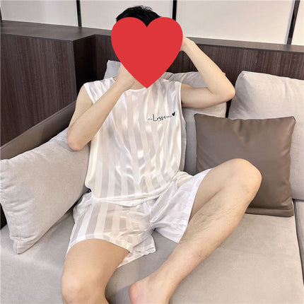 Buy Men’s Summer Ice Silk Pajamas Vest Shorts Sleepwear Set