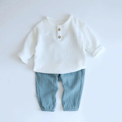 Babies: Spring/Summer Double-Layer Crinkled Cotton Gauze Lantern Pants Two-Piece Set