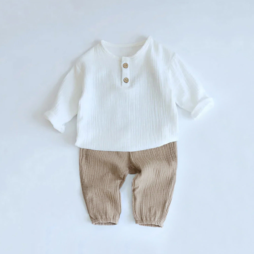 Babies: Spring/Summer Double-Layer Crinkled Cotton Gauze Lantern Pants Two-Piece Set