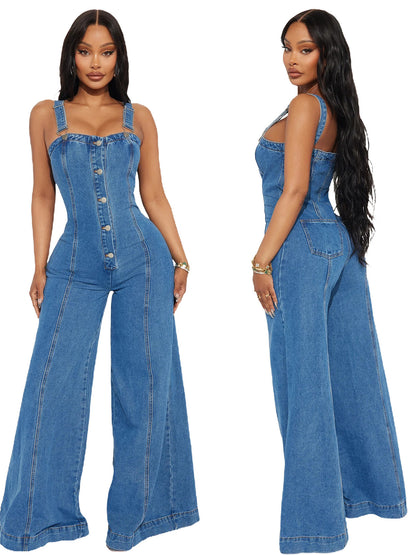 Back-belted denim jumpsuit