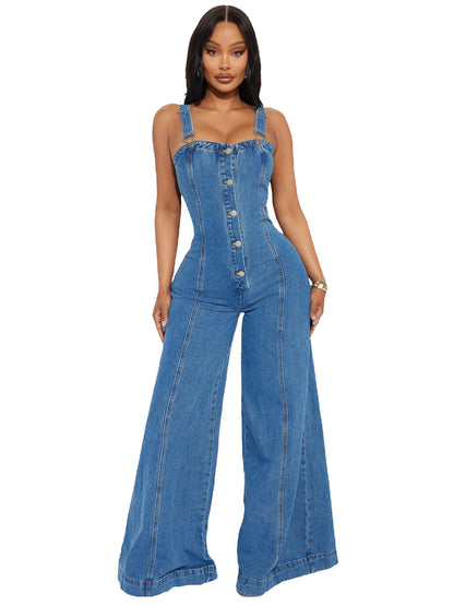 Back-belted denim jumpsuit