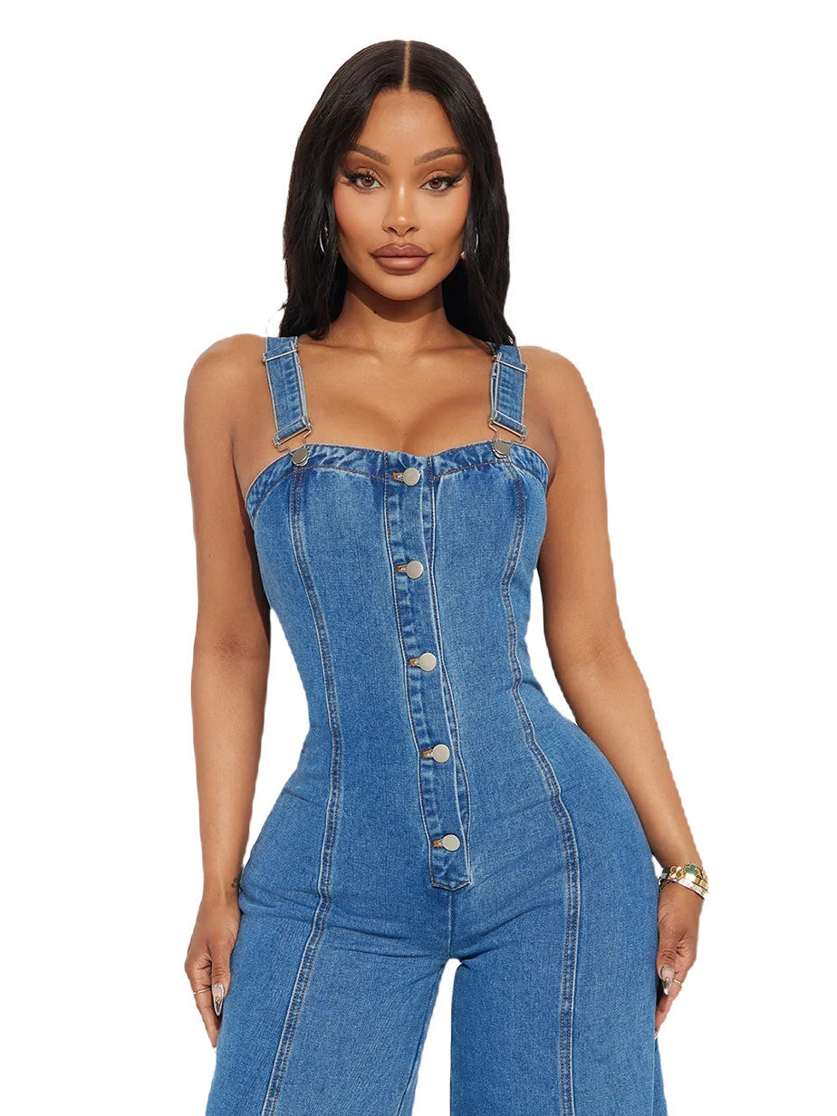 Back-belted denim jumpsuit