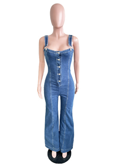 Back-belted denim jumpsuit