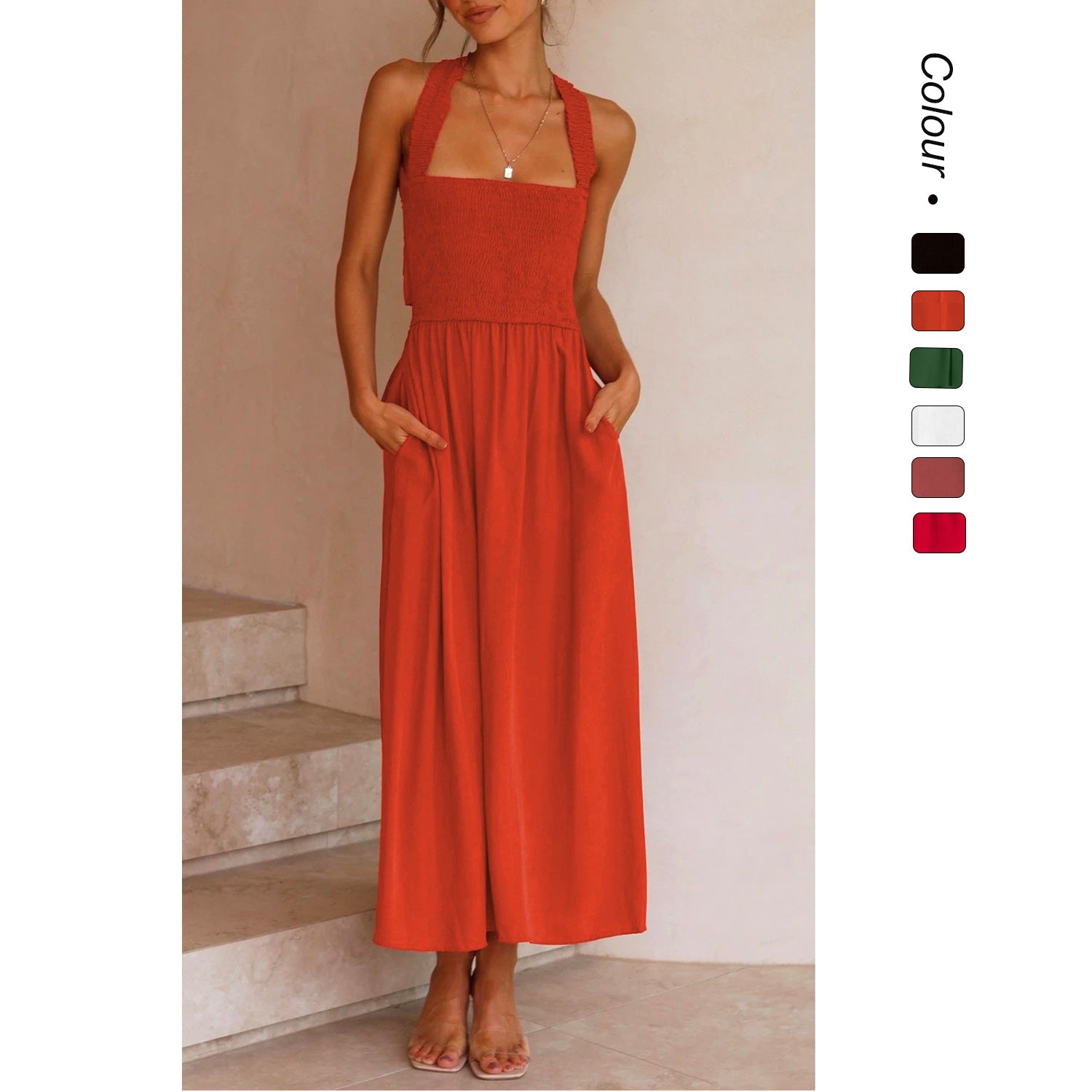 Backless cross-tied square-neck dress