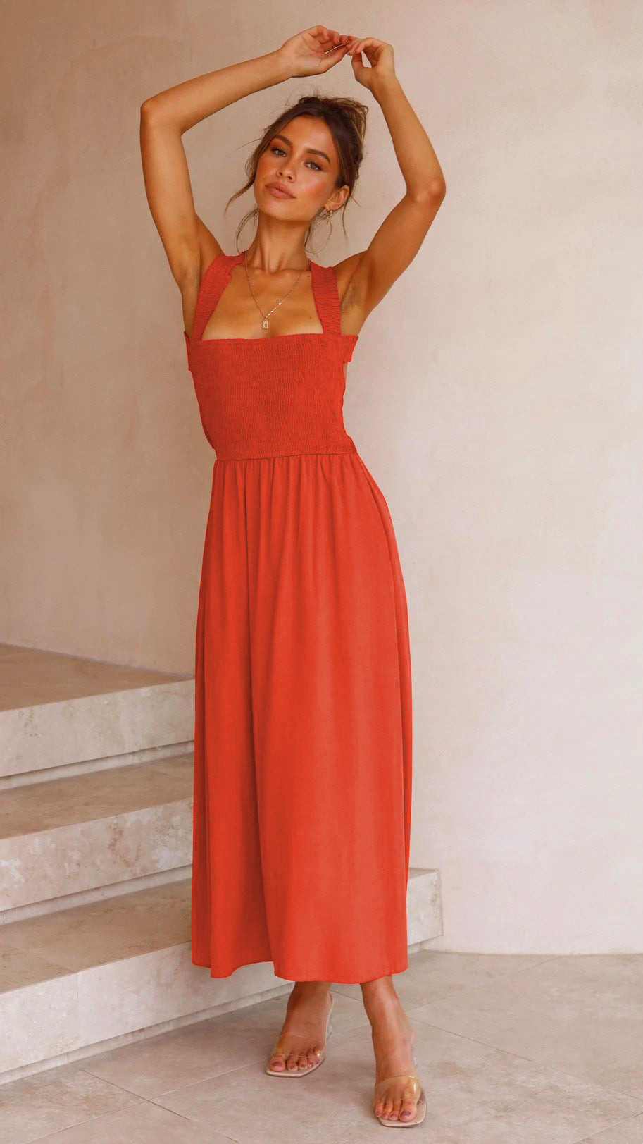 Backless cross-tied square-neck dress