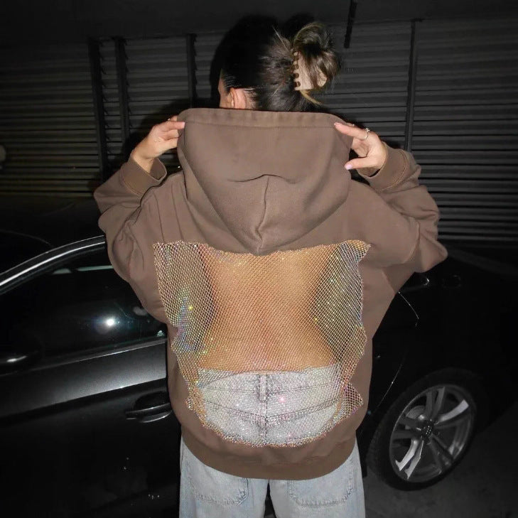Backless Cut Out Mesh Hoodie Sweatshirt
