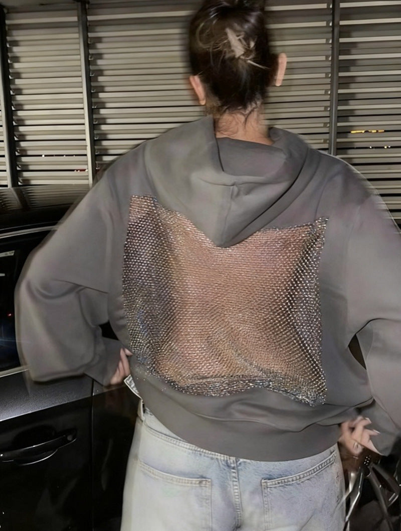 Backless Cut Out Mesh Hoodie Sweatshirt